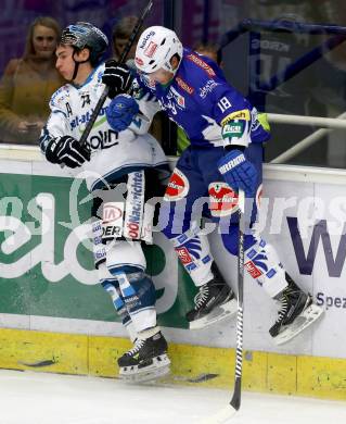 EBEL. Eishockey Bundesliga. EC VSV gegen EHC LIWEST Linz. Jason Krog,  (VSV), Daniel Oberkofler (Linz). Villach, am 2.11.2014.
Foto: Kuess 


---
pressefotos, pressefotografie, kuess, qs, qspictures, sport, bild, bilder, bilddatenbank