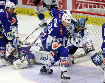 EBEL. Eishockey Bundesliga. EC VSV gegen EHC LIWEST Linz. Geoff Waugh, (VSV), Andrew Jacob Kozek  (Linz). Villach, am 2.11.2014.
Foto: Kuess 


---
pressefotos, pressefotografie, kuess, qs, qspictures, sport, bild, bilder, bilddatenbank