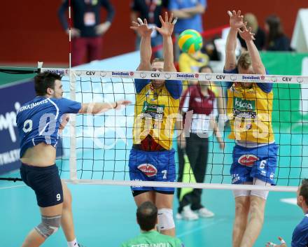 Volleyball Champions League. SK Posojilnica Aich/Dob gegen Olympiacos Piraeus.  Stanislaw Wawrynczyk, Peter Wohlfahrtstaetter (Aich/Dob). Klagenfurt, am 5.11.2014.
Foto: Kuess
---
pressefotos, pressefotografie, kuess, qs, qspictures, sport, bild, bilder, bilddatenbank