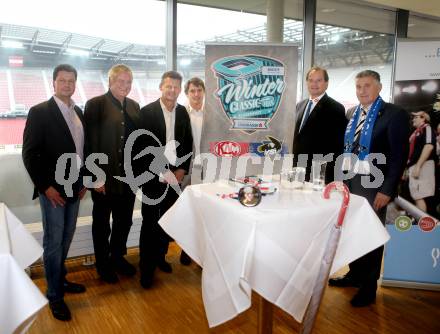 Eishockey. Kaerntner Freiluftderby. KAC gegen VSV. Pressekonferenz. Daniel Greiner, Karl Safron, Christian Scheider, Oliver Pilloni, Diethard Theuermann, Giuseppe Mion. Klagenfurt Woerthersee Stadion. 11.11.2014.
Foto: Kuess 
---
pressefotos, pressefotografie, kuess, qs, qspictures, sport, bild, bilder, bilddatenbank