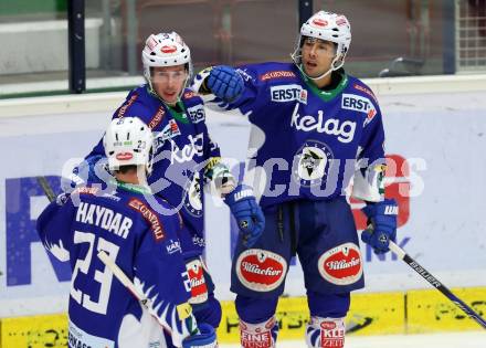 EBEL. Eishockey Bundesliga. EC VSV gegen SAPA Fehervar AV19. Torjubel Jason Krog, Marco Pewal, Darren Haydar (VSV). Villach, am 2.11.2014.
Foto: Kuess 


---
pressefotos, pressefotografie, kuess, qs, qspictures, sport, bild, bilder, bilddatenbank