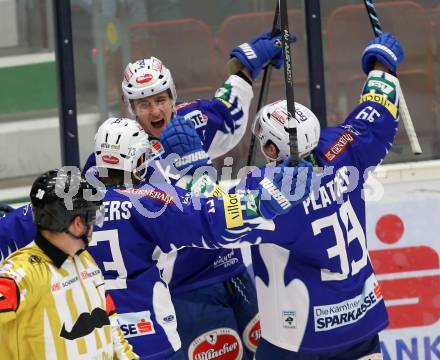 EBEL. Eishockey Bundesliga. EC VSV gegen SAPA Fehervar AV19. Torjubel Adis Alagic, John Lammers, Patrick Platzer (VSV). Villach, am 2.11.2014.
Foto: Kuess 


---
pressefotos, pressefotografie, kuess, qs, qspictures, sport, bild, bilder, bilddatenbank