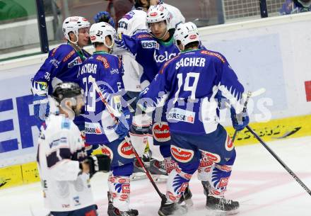 EBEL. Eishockey Bundesliga. EC VSV gegen SAPA Fehervar AV19. Torjubel Jason Krog, Marco Pewal, Darren Haydar, Stefan Bacher (VSV). Villach, am 2.11.2014.
Foto: Kuess 


---
pressefotos, pressefotografie, kuess, qs, qspictures, sport, bild, bilder, bilddatenbank