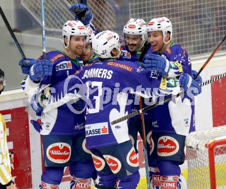 EBEL. Eishockey Bundesliga. EC VSV gegen SAPA Fehervar AV19.  Torjubel Brock McBride, Eric Hunter, Marc Santorelli, Klemen Pretnar, John Lammers (VSV). Villach, am 2.11.2014.
Foto: Kuess 


---
pressefotos, pressefotografie, kuess, qs, qspictures, sport, bild, bilder, bilddatenbank