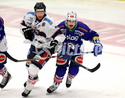 EBEL. Eishockey Bundesliga. EC VSV gegen SAPA Fehervar AV19. Klemen Pretnar,  (VSV), Andras Benk (Alba Volan). Villach, am 2.11.2014.
Foto: Kuess 


---
pressefotos, pressefotografie, kuess, qs, qspictures, sport, bild, bilder, bilddatenbank