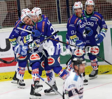 EBEL. Eishockey Bundesliga. EC VSV gegen SAPA Fehervar AV19. Torjubel Adis Alagic, John Lammers, Patrick Platzer, Klemen Pretnar, Nico Brunner (VSV). Villach, am 2.11.2014.
Foto: Kuess 


---
pressefotos, pressefotografie, kuess, qs, qspictures, sport, bild, bilder, bilddatenbank