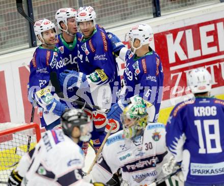 EBEL. Eishockey Bundesliga. EC VSV gegen SAPA Fehervar AV19.  Torjubel Darren Haydar, Marco Pewal, Cole Jarrett, Gerhard Unterluggauer, Jason Krog (VSV). Villach, am 2.11.2014.
Foto: Kuess 


---
pressefotos, pressefotografie, kuess, qs, qspictures, sport, bild, bilder, bilddatenbank