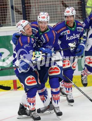 EBEL. Eishockey Bundesliga. EC VSV gegen SAPA Fehervar AV19.  Torjubel Adis Alagic, John Lammers, Patrick Platzer,  (VSV). Villach, am 2.11.2014.
Foto: Kuess 


---
pressefotos, pressefotografie, kuess, qs, qspictures, sport, bild, bilder, bilddatenbank