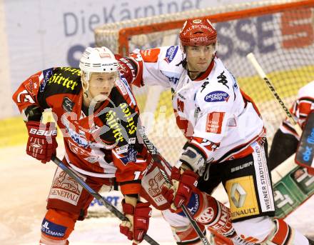 EBEL. Eishockey Bundesliga. KAC gegen HC TWK Innsbruck.  Kim Stroemberg, (KAC),  Florian Pedevilla  (Innsbruck). Klagenfurt, am 14.11.2014.
Foto: Kuess 

---
pressefotos, pressefotografie, kuess, qs, qspictures, sport, bild, bilder, bilddatenbank