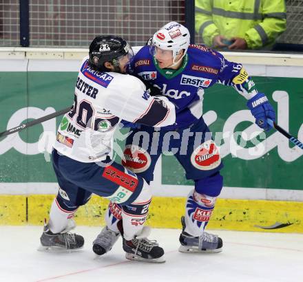 EBEL. Eishockey Bundesliga. EC VSV gegen SAPA Fehervar AV19. Daniel Nageler, (VSV), Attila Reiter (Alba Volan). Villach, am 2.11.2014.
Foto: Kuess 


---
pressefotos, pressefotografie, kuess, qs, qspictures, sport, bild, bilder, bilddatenbank