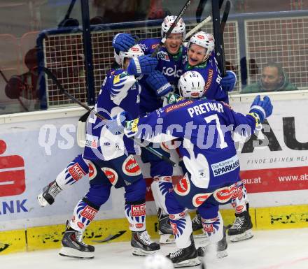 EBEL. Eishockey Bundesliga. EC VSV gegen SAPA Fehervar AV19. Torjubel Adis Alagic, John Lammers, Patrick Platzer, Klemen Pretnar (VSV). Villach, am 2.11.2014.
Foto: Kuess 


---
pressefotos, pressefotografie, kuess, qs, qspictures, sport, bild, bilder, bilddatenbank