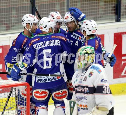 EBEL. Eishockey Bundesliga. EC VSV gegen SAPA Fehervar AV19. Torjubel Darren Haydar, Marco Pewal, Cole Jarrett, Gerhard Unterluggauer, Jason Krog (VSV). Villach, am 2.11.2014.
Foto: Kuess 


---
pressefotos, pressefotografie, kuess, qs, qspictures, sport, bild, bilder, bilddatenbank