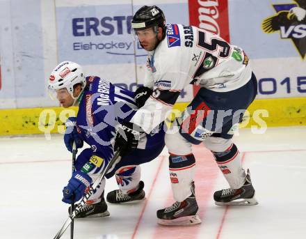 EBEL. Eishockey Bundesliga. EC VSV gegen SAPA Fehervar AV19. Brock McBride,  (VSV), Andrew Sarauer (Alba Volan). Villach, am 2.11.2014.
Foto: Kuess 


---
pressefotos, pressefotografie, kuess, qs, qspictures, sport, bild, bilder, bilddatenbank