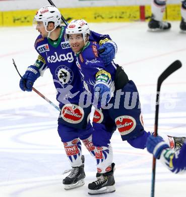 EBEL. Eishockey Bundesliga. EC VSV gegen SAPA Fehervar AV19. Torjubel Brock McBride, Mark Santorelli (VSV). Villach, am 2.11.2014.
Foto: Kuess 


---
pressefotos, pressefotografie, kuess, qs, qspictures, sport, bild, bilder, bilddatenbank