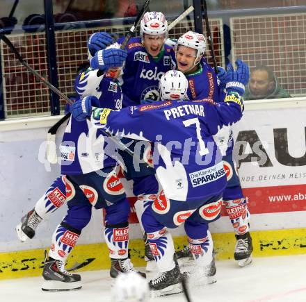 EBEL. Eishockey Bundesliga. EC VSV gegen SAPA Fehervar AV19.  Torjubel Adis Alagic, John Lammers, Patrick Platzer, Klemen Pretnar (VSV). Villach, am 2.11.2014.
Foto: Kuess 


---
pressefotos, pressefotografie, kuess, qs, qspictures, sport, bild, bilder, bilddatenbank