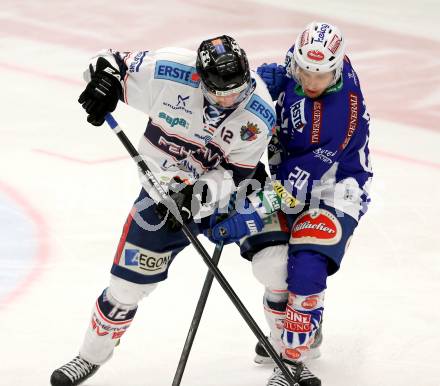 EBEL. Eishockey Bundesliga. EC VSV gegen SAPA Fehervar AV19. Nico Brunner,  (VSV), Andras Benk (Alba Volan). Villach, am 2.11.2014.
Foto: Kuess 


---
pressefotos, pressefotografie, kuess, qs, qspictures, sport, bild, bilder, bilddatenbank