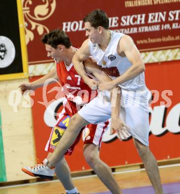 Basketball 2. Bundesliga. Woerthersee Piraten gegen Chin Min Dragons St. Poelten. Martin Breithuber, (Piraten), Martin Speiser  (St. Poelten). Klagenfurt, 15.11.2014.
Foto: Kuess
---
pressefotos, pressefotografie, kuess, qs, qspictures, sport, bild, bilder, bilddatenbank