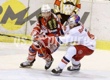 EBEL. Eishockey Bundesliga. KAC gegen EC Red Bull Salzburg. Patrick Harand,  (KAC), Troy Milam (Salzburg). Klagenfurt, am 16.11.2014.
Foto: Kuess 

---
pressefotos, pressefotografie, kuess, qs, qspictures, sport, bild, bilder, bilddatenbank