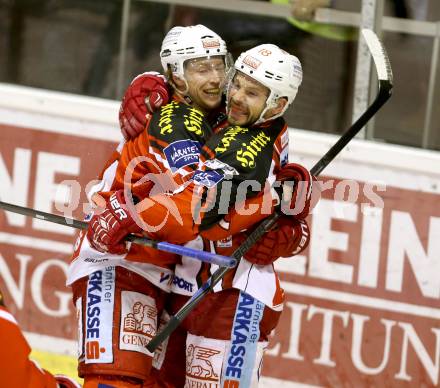 EBEL. Eishockey Bundesliga. KAC gegen EC Red Bull Salzburg. Torjubel Jamie Lundmark, Thomas Koch (KAC). Klagenfurt, am 16.11.2014.
Foto: Kuess 

---
pressefotos, pressefotografie, kuess, qs, qspictures, sport, bild, bilder, bilddatenbank