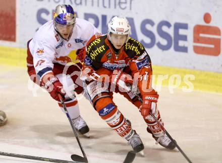 EBEL. Eishockey Bundesliga. KAC gegen EC Red Bull Salzburg. Daniel Ban,  (KAC), Konstantin Komarek (Salzburg). Klagenfurt, am 16.11.2014.
Foto: Kuess 

---
pressefotos, pressefotografie, kuess, qs, qspictures, sport, bild, bilder, bilddatenbank