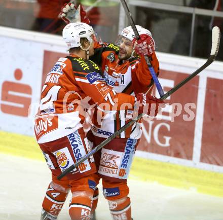 EBEL. Eishockey Bundesliga. KAC gegen EC Red Bull Salzburg.  Torjubel Jamie Lundmark, Thomas Koch (KAC). Klagenfurt, am 16.11.2014.
Foto: Kuess 

---
pressefotos, pressefotografie, kuess, qs, qspictures, sport, bild, bilder, bilddatenbank