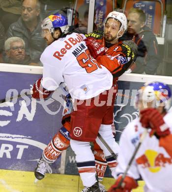 EBEL. Eishockey Bundesliga. KAC gegen EC Red Bull Salzburg.  Thomas Koch, (KAC), Troy Milam  (Salzburg). Klagenfurt, am 16.11.2014.
Foto: Kuess 

---
pressefotos, pressefotografie, kuess, qs, qspictures, sport, bild, bilder, bilddatenbank