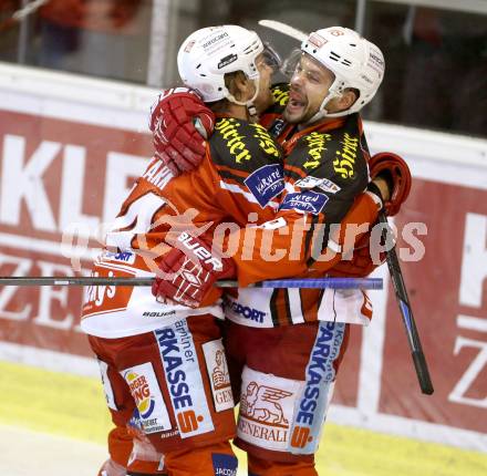 EBEL. Eishockey Bundesliga. KAC gegen EC Red Bull Salzburg.  Torjubel Jamie Lundmark, Thomas Koch (KAC). Klagenfurt, am 16.11.2014.
Foto: Kuess 

---
pressefotos, pressefotografie, kuess, qs, qspictures, sport, bild, bilder, bilddatenbank