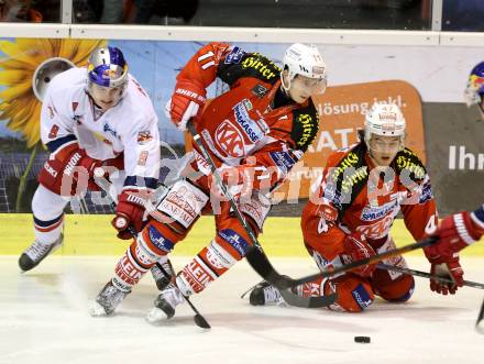 EBEL. Eishockey Bundesliga. KAC gegen EC Red Bull Salzburg. Daniel Ban, Marcel Witting,  (KAC), Alexander Rauchenwald (Salzburg). Klagenfurt, am 16.11.2014.
Foto: Kuess 

---
pressefotos, pressefotografie, kuess, qs, qspictures, sport, bild, bilder, bilddatenbank