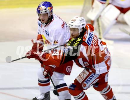 EBEL. Eishockey Bundesliga. KAC gegen EC Red Bull Salzburg. Lukas Pither,  (KAC), Konstantin Komarek (Salzburg). Klagenfurt, am 16.11.2014.
Foto: Kuess 

---
pressefotos, pressefotografie, kuess, qs, qspictures, sport, bild, bilder, bilddatenbank