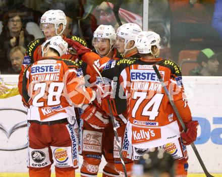 EBEL. Eishockey Bundesliga. KAC gegen EC Red Bull Salzburg. Torjubel Patrick Harand, Oliver Setzinger, Mike Siklenka, Martin Schumnig, Jamie Lundmark (KAC). Klagenfurt, am 16.11.2014.
Foto: Kuess 

---
pressefotos, pressefotografie, kuess, qs, qspictures, sport, bild, bilder, bilddatenbank