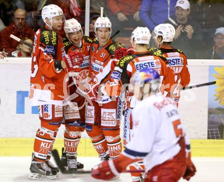 EBEL. Eishockey Bundesliga. KAC gegen EC Red Bull Salzburg.  Torjubel Patrick Harand, Oliver Setzinger, Mike Siklenka, Martin Schumnig, Jamie Lundmark (KAC). Klagenfurt, am 16.11.2014.
Foto: Kuess 

---
pressefotos, pressefotografie, kuess, qs, qspictures, sport, bild, bilder, bilddatenbank