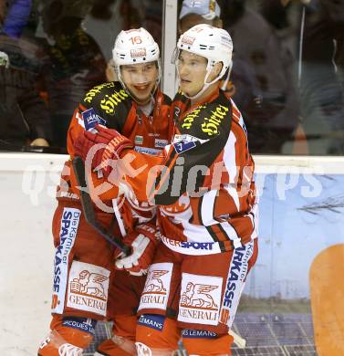 EBEL. Eishockey Bundesliga. KAC gegen EC Red Bull Salzburg. Torjubel Patrick Harand, Oliver Setzinger (KAC). Klagenfurt, am 16.11.2014.
Foto: Kuess 

---
pressefotos, pressefotografie, kuess, qs, qspictures, sport, bild, bilder, bilddatenbank