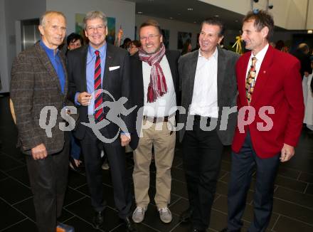 Filmpraesentation ueber Olympiasieger Karl Schnabl. Baldur Preiml, Landeshauptmann Peter Kaiser, Regisseur Ferdinand Macek,  Karl Schnabl, Hans Millonig, . Klagenfurt, am 19.11.2014.
Foto: Kuess
---
pressefotos, pressefotografie, kuess, qs, qspictures, sport, bild, bilder, bilddatenbank