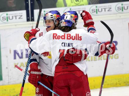 EBEL. Eishockey Bundesliga. EC VSV gegen Red Bull Salzburg.  Torjubel Matthias Trattnig, Andreas Kristler, Alexander Cijan (Salzburg). Villach, am 21.11.2014.
Foto: Kuess 


---
pressefotos, pressefotografie, kuess, qs, qspictures, sport, bild, bilder, bilddatenbank