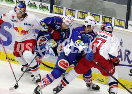 EBEL. Eishockey Bundesliga. EC VSV gegen Red Bull Salzburg. Brock McBride, Stefan Bacher,  (VSV), Manuel Latusa, Matthias Trattnig (Salzburg). Villach, am 21.11.2014.
Foto: Kuess 


---
pressefotos, pressefotografie, kuess, qs, qspictures, sport, bild, bilder, bilddatenbank