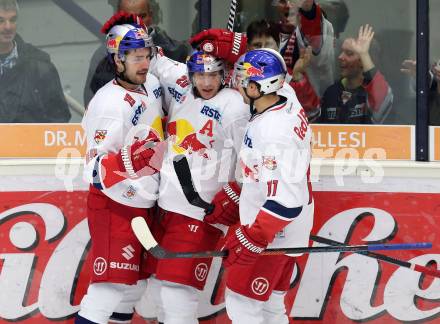 EBEL. Eishockey Bundesliga. EC VSV gegen Red Bull Salzburg.  Torjubel Kyle Beach, Daniel Welser, Ben Walter (Salzburg). Villach, am 21.11.2014.
Foto: Kuess 


---
pressefotos, pressefotografie, kuess, qs, qspictures, sport, bild, bilder, bilddatenbank