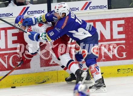 EBEL. Eishockey Bundesliga. EC VSV gegen Red Bull Salzburg.  Jason Krog,  (VSV), Alexander Cijan (Salzburg). Villach, am 21.11.2014.
Foto: Kuess 


---
pressefotos, pressefotografie, kuess, qs, qspictures, sport, bild, bilder, bilddatenbank