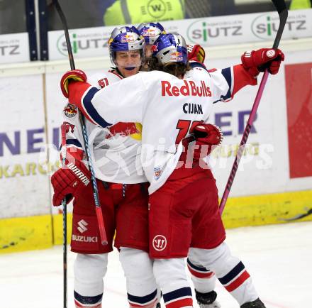 EBEL. Eishockey Bundesliga. EC VSV gegen Red Bull Salzburg.  Torjubel Matthias Trattnig, Andreas Kristler, Alexander Cijan (Salzburg). Villach, am 21.11.2014.
Foto: Kuess 


---
pressefotos, pressefotografie, kuess, qs, qspictures, sport, bild, bilder, bilddatenbank