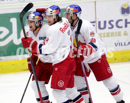 EBEL. Eishockey Bundesliga. EC VSV gegen Red Bull Salzburg.  Torjubel Matthias Trattnig, Andreas Kristler, Alexander Cijan (Salzburg). Villach, am 21.11.2014.
Foto: Kuess 


---
pressefotos, pressefotografie, kuess, qs, qspictures, sport, bild, bilder, bilddatenbank