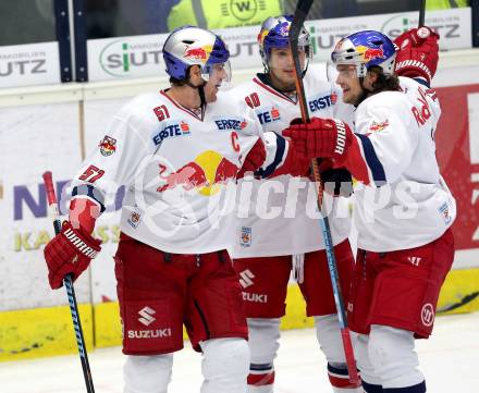 EBEL. Eishockey Bundesliga. EC VSV gegen Red Bull Salzburg.  Torjubel Matthias Trattnig, Andreas Kristler, Alexander Cijan (Salzburg). Villach, am 21.11.2014.
Foto: Kuess 


---
pressefotos, pressefotografie, kuess, qs, qspictures, sport, bild, bilder, bilddatenbank