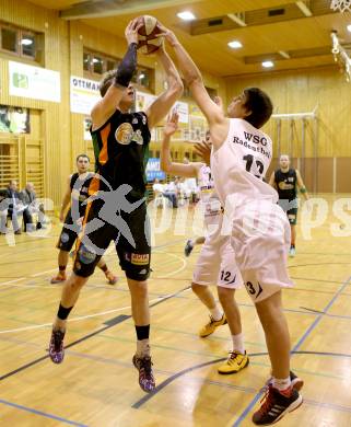 Basketball 2.Bundesliga 2014/15 Grunddurchgang 9.Runde. Radenthein Garnets gegen Basket Flames. Martin Steiner,  (Radenthein), Paul Koroschitz (Basket Flames). Klagenfurt, 22.11.2014.
Foto: Kuess
---
pressefotos, pressefotografie, kuess, qs, qspictures, sport, bild, bilder, bilddatenbank