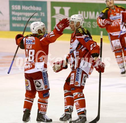 EBEL. Eishockey Bundesliga. KAC gegen VSV. Torjubel Thomas Koch, Mike Siklenka (KAC). Klagenfurt, am 23.11.2014.
Foto: Kuess 

---
pressefotos, pressefotografie, kuess, qs, qspictures, sport, bild, bilder, bilddatenbank