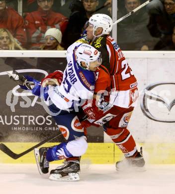 EBEL. Eishockey Bundesliga. KAC gegen VSV. Mike Siklenka, (KAC), Darren Haydar  (VSV). Klagenfurt, am 23.11.2014.
Foto: Kuess 

---
pressefotos, pressefotografie, kuess, qs, qspictures, sport, bild, bilder, bilddatenbank