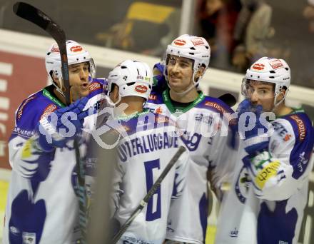 EBEL. Eishockey Bundesliga. KAC gegen VSV.  Torjubel Mark Santorelli, Cole Jarrett, Gerhard Unterluggauer, Eric Hunter  (VSV). Klagenfurt, am 23.11.2014.
Foto: Kuess 

---
pressefotos, pressefotografie, kuess, qs, qspictures, sport, bild, bilder, bilddatenbank