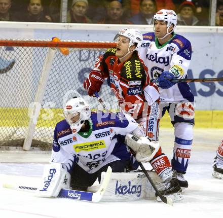 EBEL. Eishockey Bundesliga. KAC gegen VSV. Manuel Geier,  (KAC), Jean Philippe Lamoureux, Cole Jarrett (VSV). Klagenfurt, am 23.11.2014.
Foto: Kuess 

---
pressefotos, pressefotografie, kuess, qs, qspictures, sport, bild, bilder, bilddatenbank