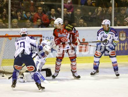 EBEL. Eishockey Bundesliga. KAC gegen VSV. Jean Francois Jacques, (KAC),  Jean Philippe Lamoureux, Stefan Bacher, Jason Krog (VSV). Klagenfurt, am 23.11.2014.
Foto: Kuess 

---
pressefotos, pressefotografie, kuess, qs, qspictures, sport, bild, bilder, bilddatenbank