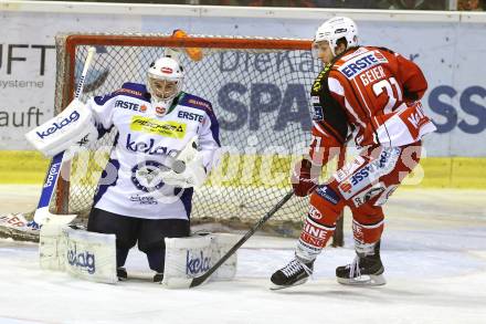 EBEL. Eishockey Bundesliga. KAC gegen VSV. Manuel Geier, (KAC), Jean Philippe Lamoureux  (VSV). Klagenfurt, am 23.11.2014.
Foto: Kuess 

---
pressefotos, pressefotografie, kuess, qs, qspictures, sport, bild, bilder, bilddatenbank