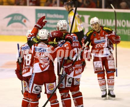 EBEL. Eishockey Bundesliga. KAC gegen VSV. Torjubel Thomas Koch, Mike Siklenka, Jason DeSantis (KAC). Klagenfurt, am 23.11.2014.
Foto: Kuess 

---
pressefotos, pressefotografie, kuess, qs, qspictures, sport, bild, bilder, bilddatenbank