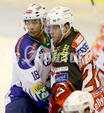 EBEL. Eishockey Bundesliga. KAC gegen VSV. Thomas Hundertpfund,  (KAC), Jason Krog (VSV). Klagenfurt, am 23.11.2014.
Foto: Kuess 

---
pressefotos, pressefotografie, kuess, qs, qspictures, sport, bild, bilder, bilddatenbank