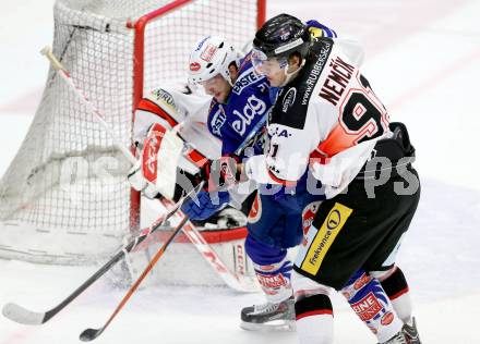 EBEL. Eishockey Bundesliga. EC VSV gegen HC Orli Znojmo. Benjamin Petrik, (VSV), Martin Nemcik  (Znojmo). Villach, am 28.11.2014.
Foto: Kuess 


---
pressefotos, pressefotografie, kuess, qs, qspictures, sport, bild, bilder, bilddatenbank